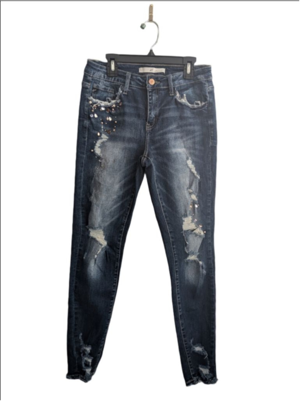 Women's KanCan Blue Distressed Skinny Jeans with Embellishments Size 27 - Picture 3 of 8